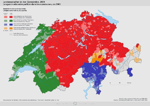 Cartina con le regioni linguistiche in Svizzera